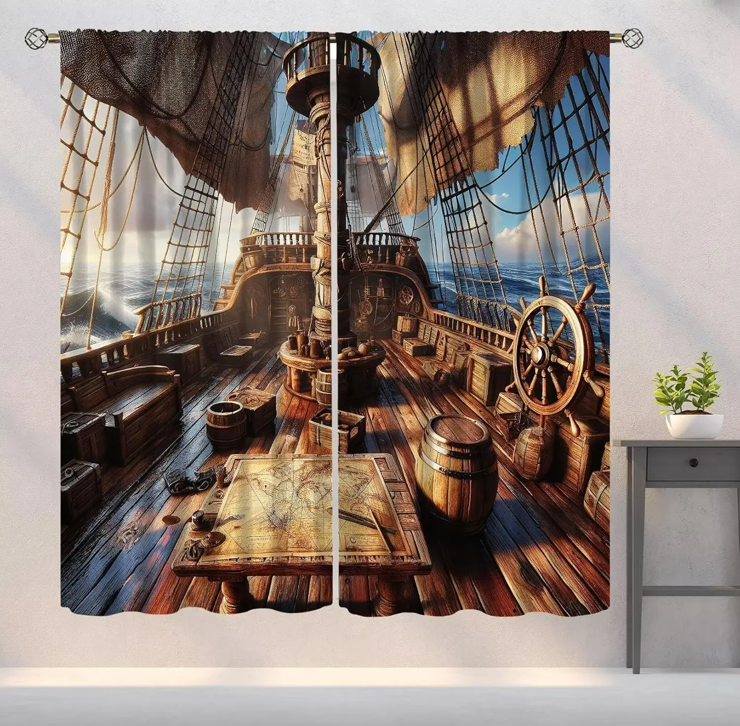 Vintage Nautische Piratenschiff-Verdunkelungsvorhänge, Schatzkarte Ozean-Segelschiff-Kunstdruck Fenstervorhänge für Teenager- und Kinderzimmer