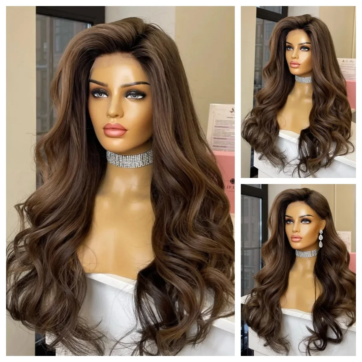 

Темно-коричневый парик с мелированием, волнистый, с кружевной передней частью 13x4 HD, предварительно прорезанный, с естественной линией роста волос, без клея, синтетический, высокого качества, по акции