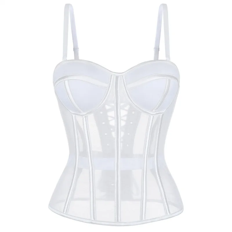 White Fashionable Fishbone Bra Tops for Ladies Waist Slimming Mesh Design Camisole with Chest Pads for Women