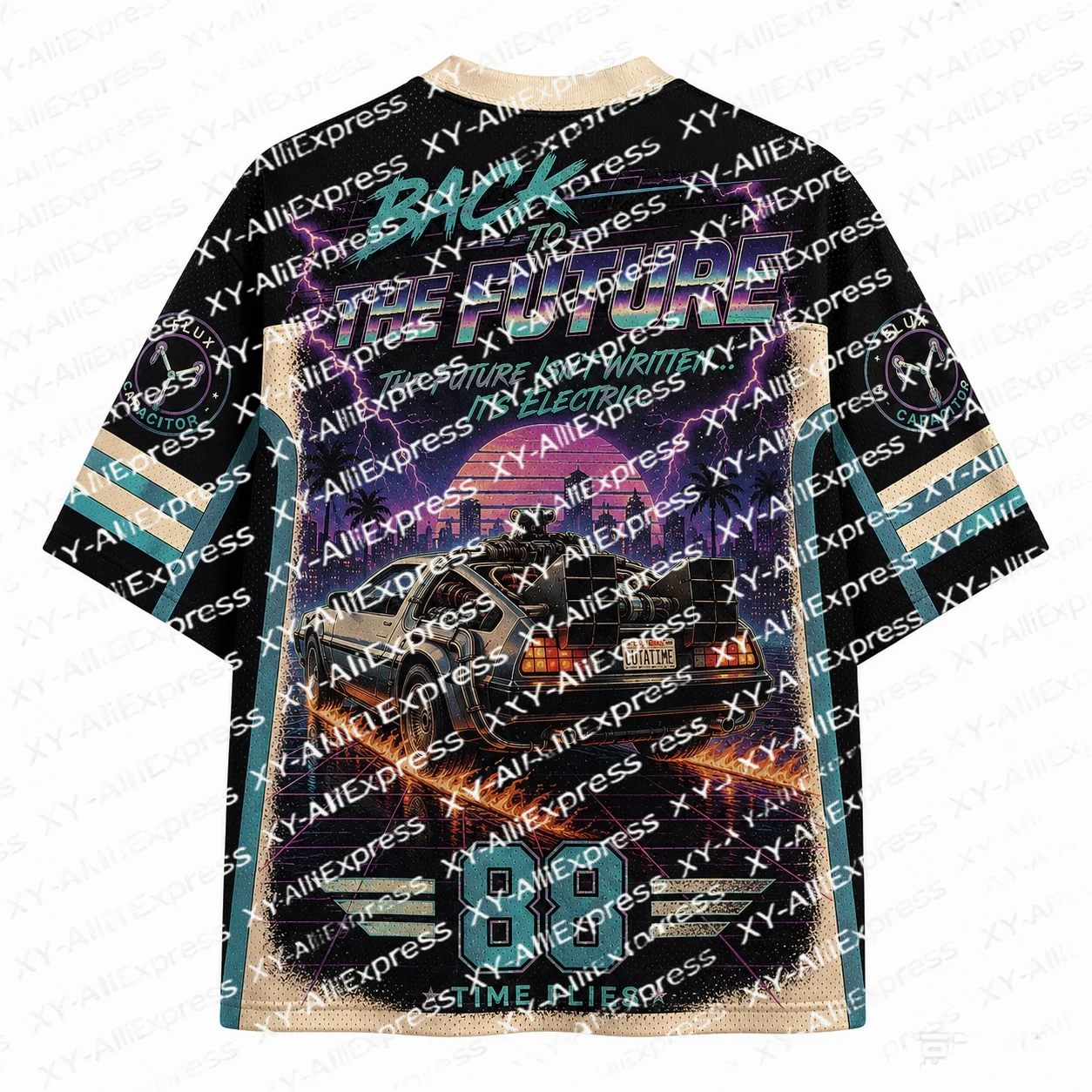 Old Retro Ride Poster Print Jersey. Weathered Dark Base, Retro Sports Car & Neon Sky Icons, Rough Vintage Aged Print Texture.