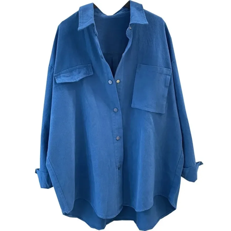 

Blue Shirt Jacket Loose 2025 Autumn New Design Pocket Mid-length Long-sleeved Shirt Brushed Cardigan
