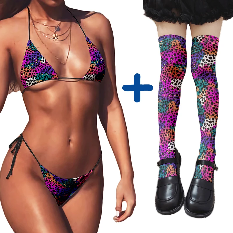 Fashion Sexy Bikini New Leopard Print Swimsuit Two-Piece Beach Bikini Female Push-up Ladies Over-the-knee Stockings Combination