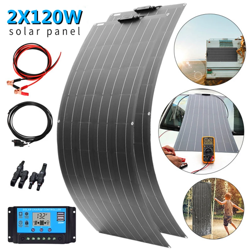 

1-2x120W Solar Panel Kit 12V 24V Battery Charge Monocrystalline Cell Flexible PV Panels Solar Energy System For Car RV Boat Home