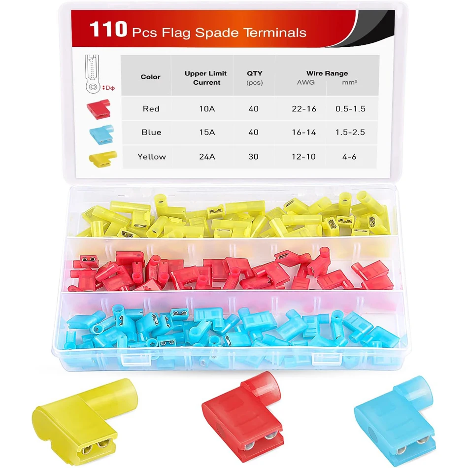 110pcs Nylon Flag Spade Female Insulated Quick Disconnects 22-18 16-14 12-10 Gauge Flag Spade Electrical Crimp Terminals Connect