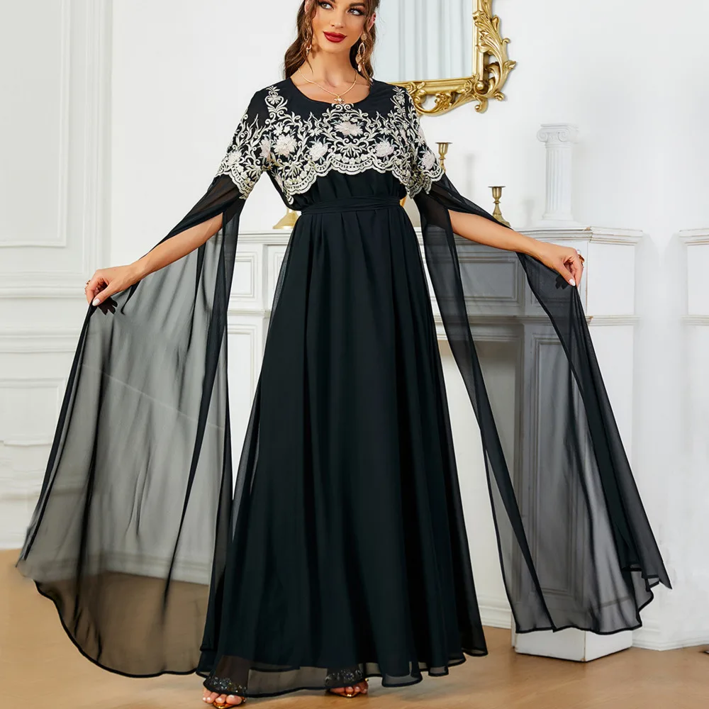 

Women's Arabic Apparel 2024 Mesh Embroiled Dress Decal High Waisted Evening Gown With Flowing Long Sleeves Abaya Dubai Luxury
