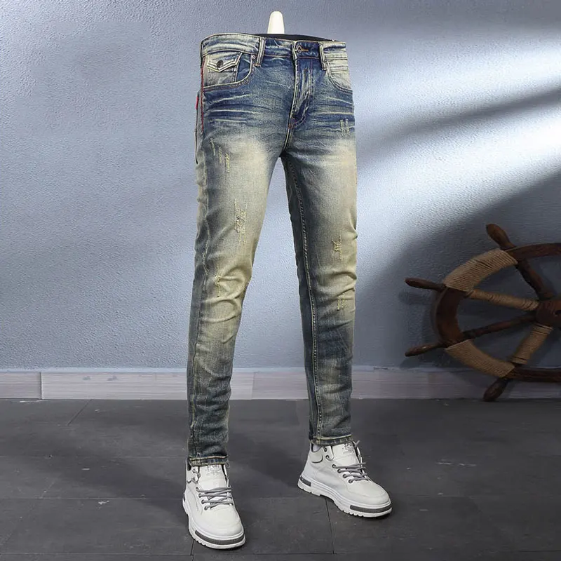 

Latest Italian designer fashion new men's retro blue jeans stretch slim fit retro washed jeans hip-hop brand high-quality pants