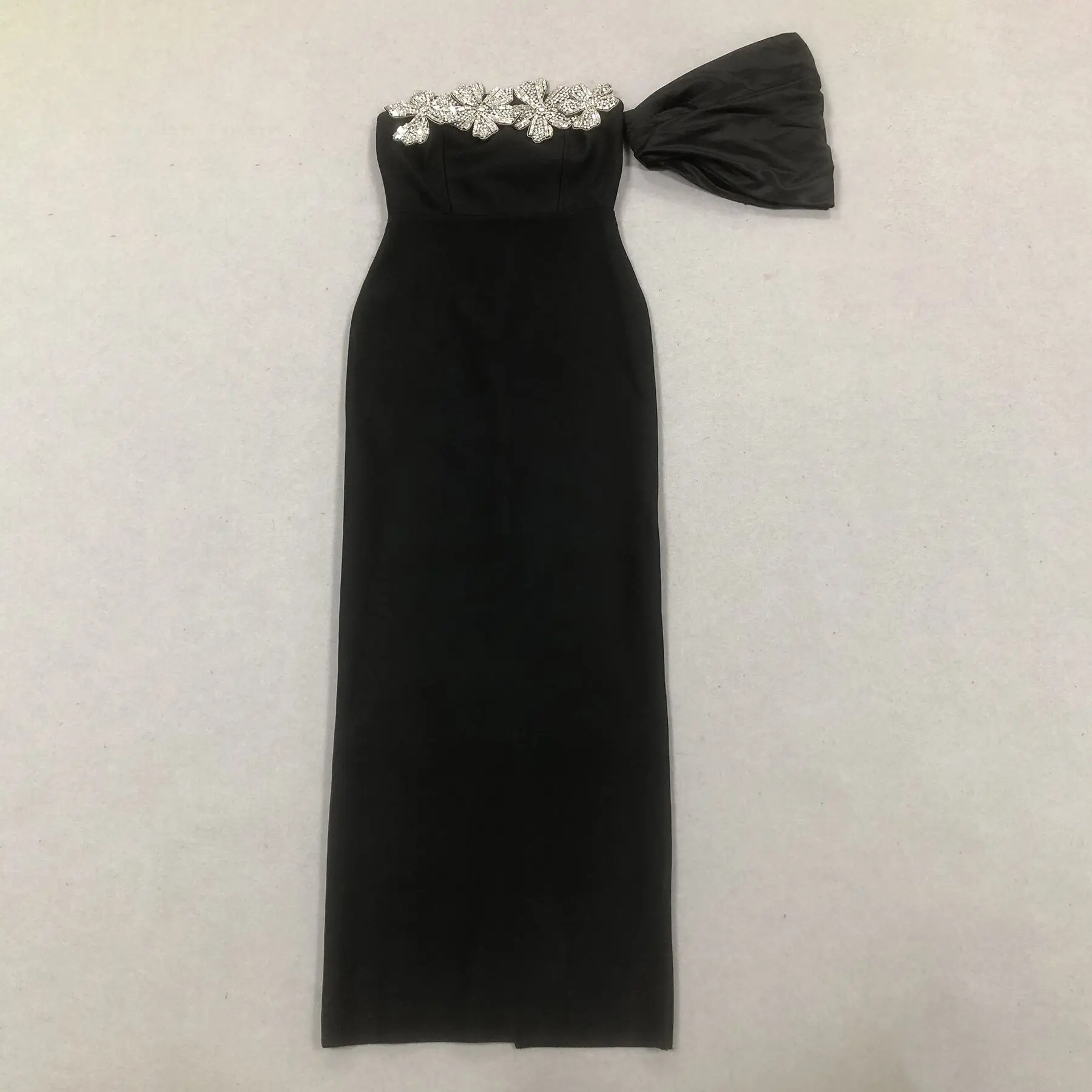 

Fashion Sexy Strapless One Shoulder Sleeveless Skinny Maxi Dress Black Elegant Flower Brithday Party Dresses Cocktail Party Wear