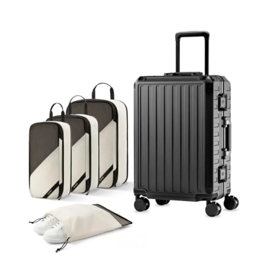 

21 Inch Spinner Luggage with Aluminum Frame Zipperless Polycarbonate Hard Shell Carry On Suitcase in Black for Travel with Pack