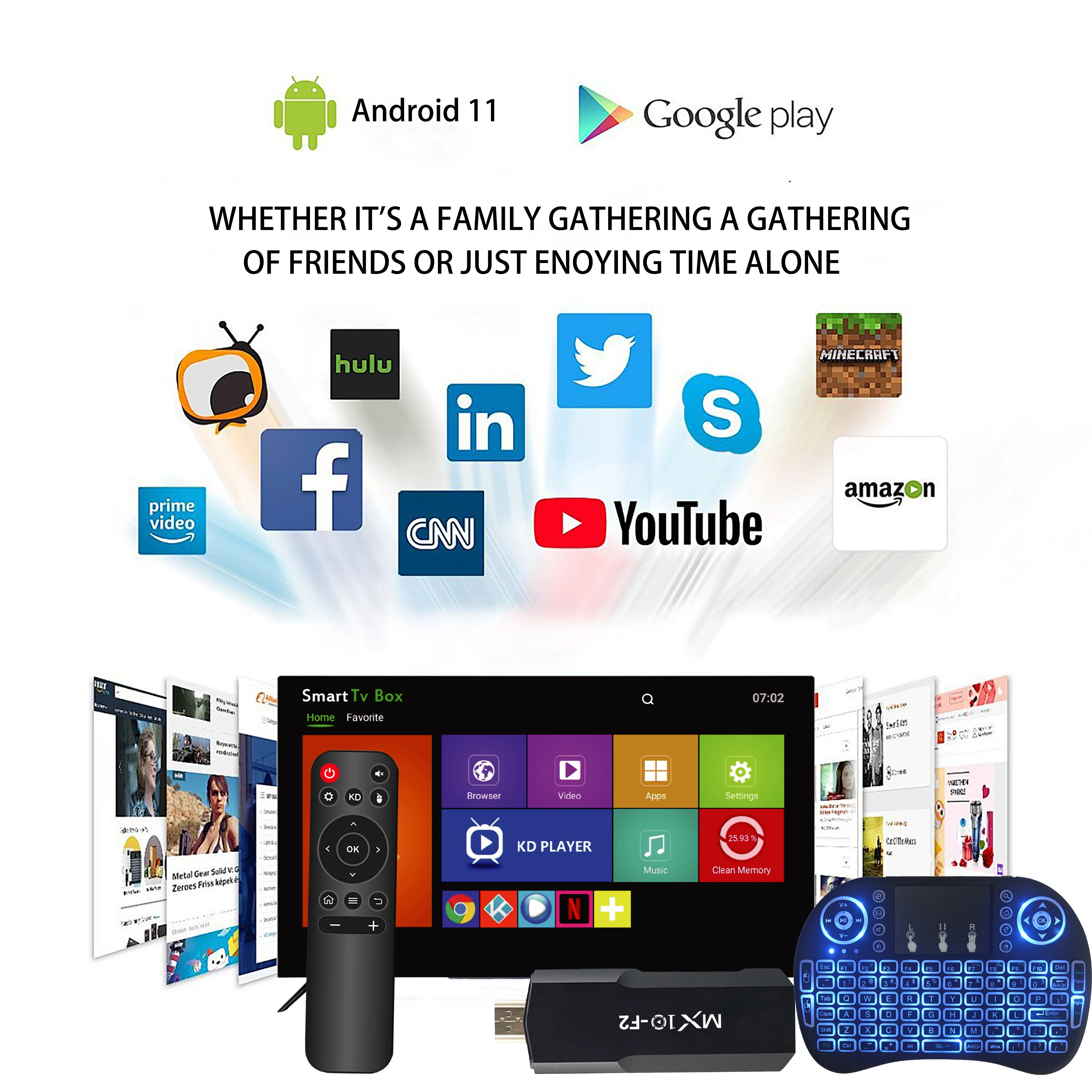 TV Stick MX10 F2 con Fly Air Mouse Control remoto Allwinner RK3228A Bluetooth 2,4G retroiluminación colorida Mini teclado inalámbrico