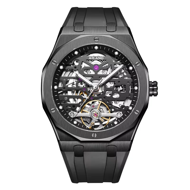 

Мужские наручные часы MEGIR: модные, черные, водонепроницаемые, автоматические, механические, с люминесцентными стрелками, силиконовым ремешком и скелетонизированным циферблатом