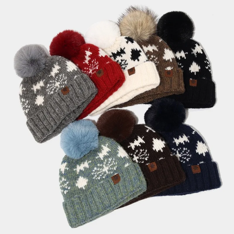 Fair Isle Snowflake Beanie Hat Women Winter Knitted Jacquard Pom Pom Soft Warm Cuffed Skull Cap Bonnet Шапка Женская