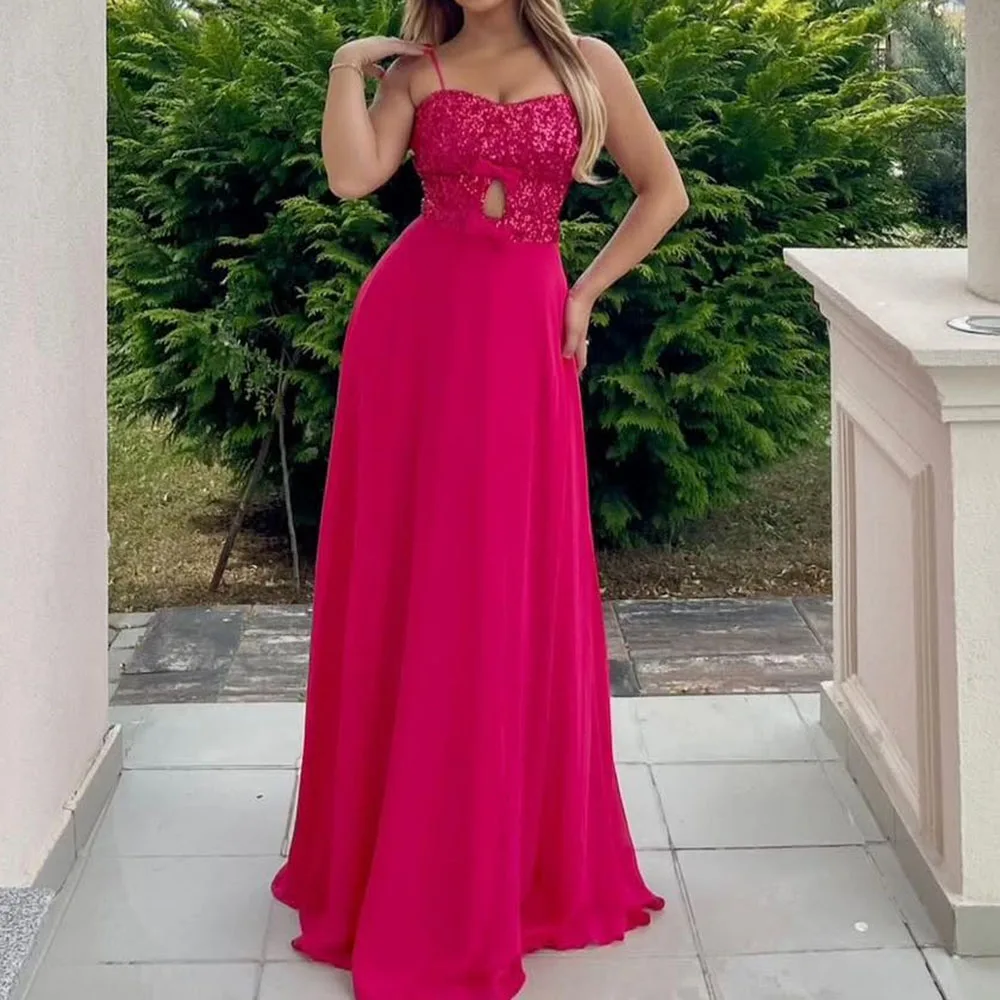 

Customized A-line Evening Dresses Floor-length Spaghetti Strap Sleeveless Prom Gown Fashion Sequined Bow Draped Party Gown