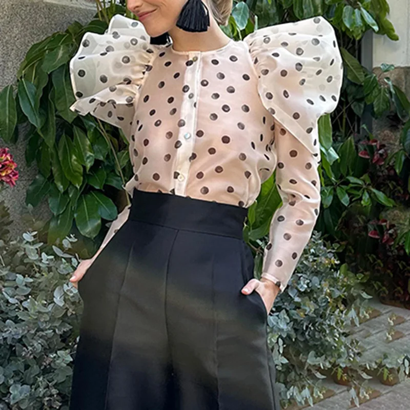 

2025 Autumn New Fashion Casual Shirt for Women, Round Neck Black Polka Dot Design Puff Sleeve Top