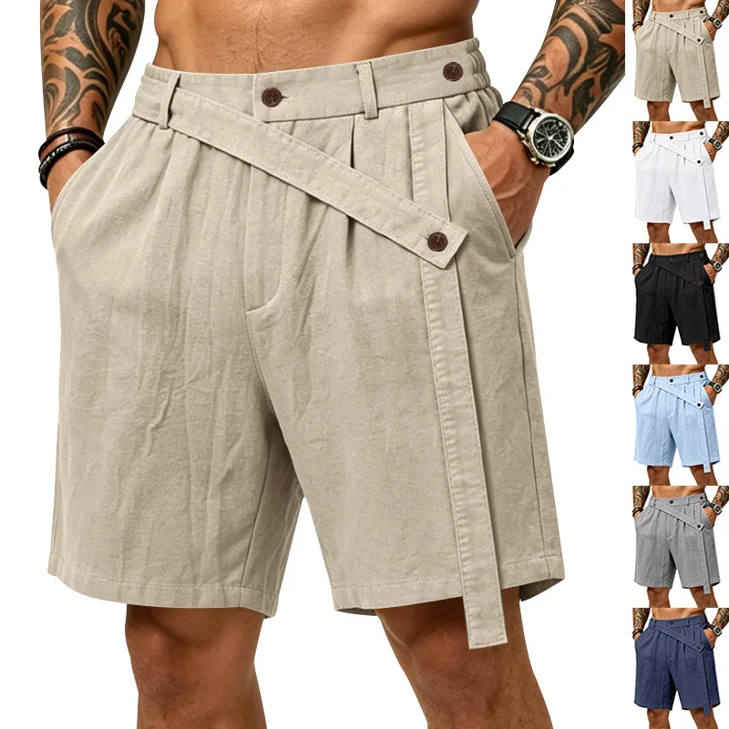Men Cotton Linen Button Waist Side Strap Decor Pleated Front Loose Knee Length Summer Shorts