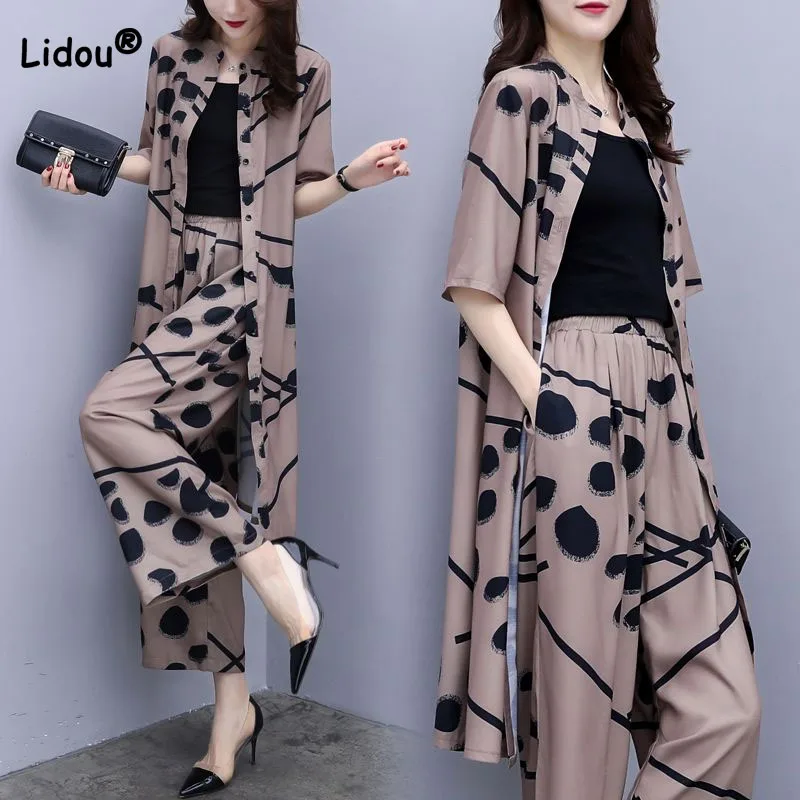 Vintage Fashion Female Single-breasted Cardigan Top Half Sleeve Printed Two Piece Set Casual Wide Leg Pants Sets Womens Clothing