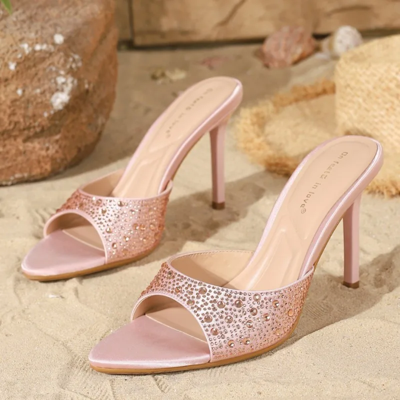 

Sexy Leopard Print Open Toe Stiletto Heels Slides Sandals Woman Fashion Banquet Dress Luxury Rhinestone High-heeled Slippers