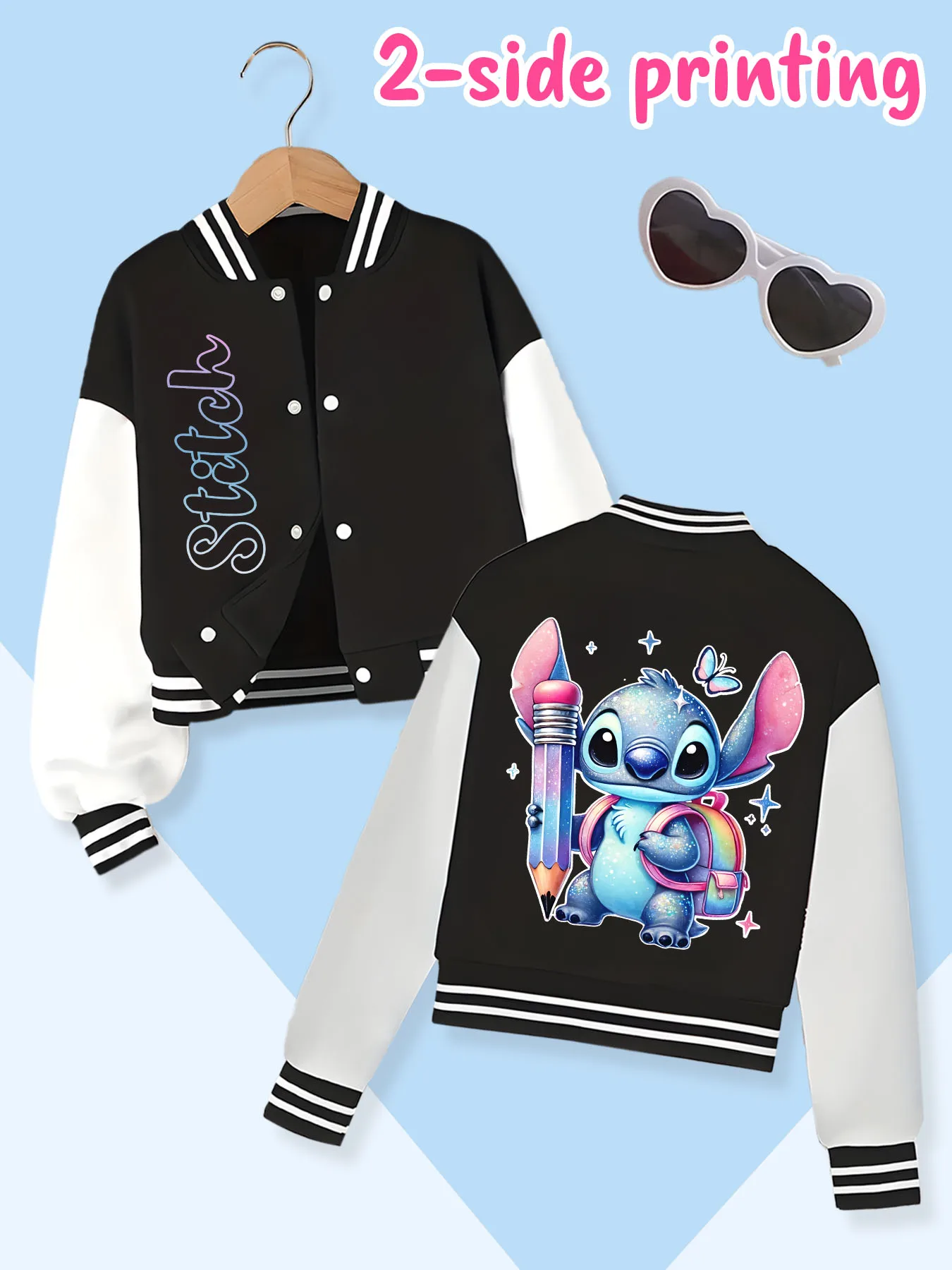 

Disney fashion trend baseball jacket, suitable for daily sports and casual wear, printed with cute Stitch pattern, nice gift.