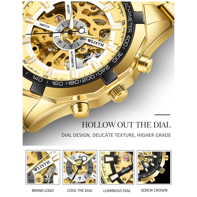 Top marca de luxo relógio mecânico automático masculino ouro aço inoxidável esqueleto esporte relógio para presentes masculinos relogio masculino