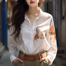 2024  New Summer KPOP Fashion Style Loose Casual Office Lady Women's Shirt Retro Simplicity Print V Neck Long Sleeve Y2K Tops