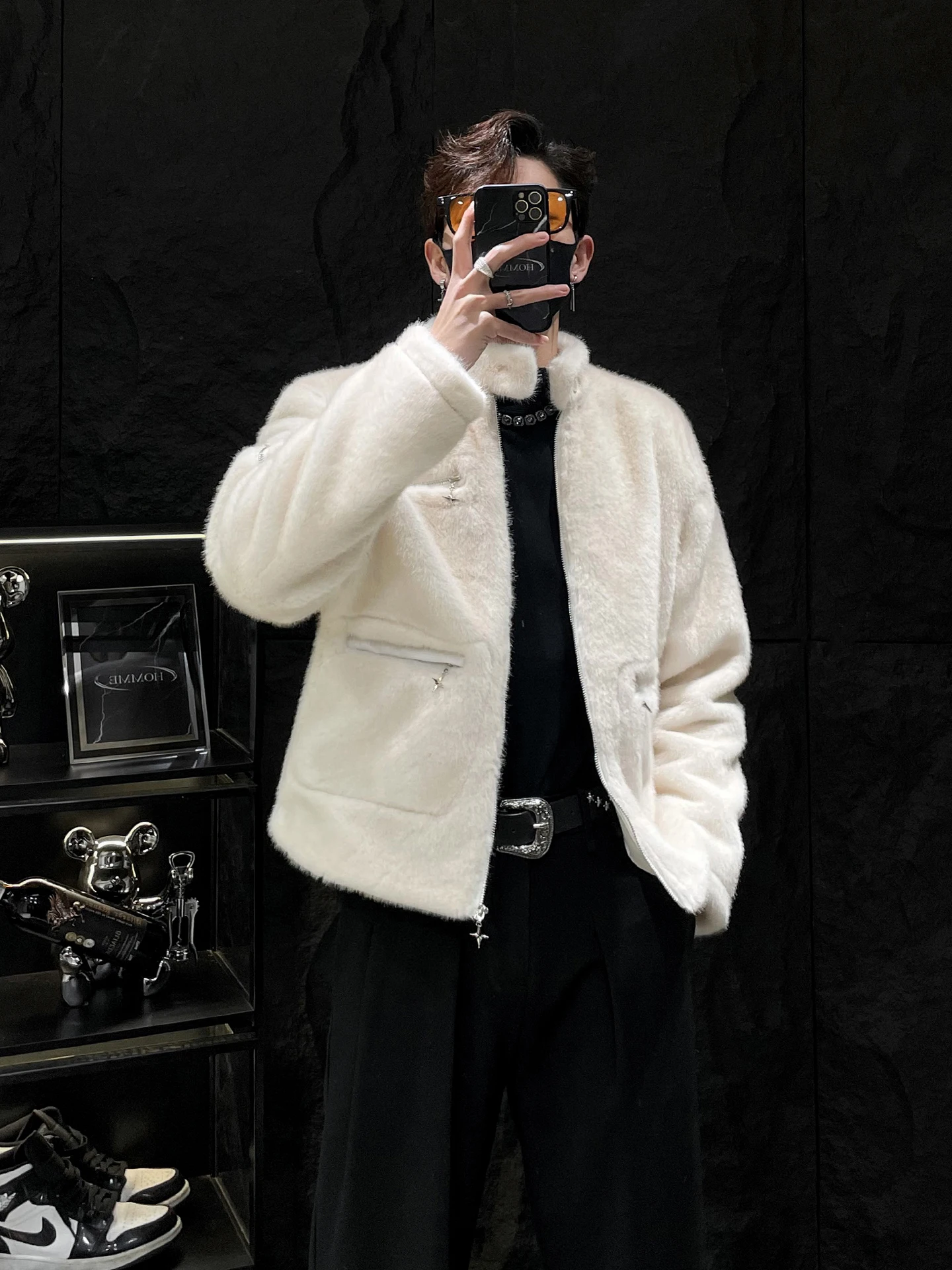 HOMME Herren Ort Kaninchenfell Jaet Stehkragen Warm Casual Faion Oberbekleidung Thiened Loose Fit Reißverschluss Mantel