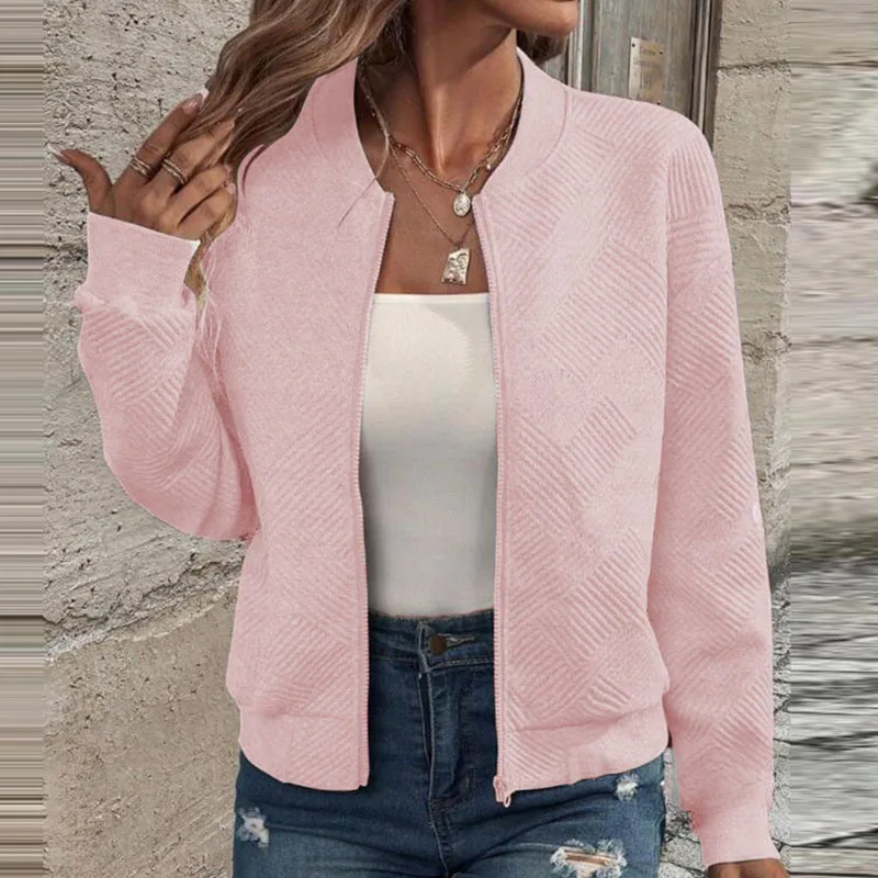 Autumn Winter Simple Solid Color Casual Jackets Female Fashion Stand Collar Zipper Long Sleeves Cardigans Commute Elegant Coats
