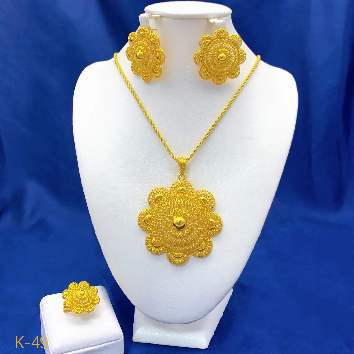 AU999 Women's Flourishing Flower Necklace Earrings Ring Set 24K Gold - Valuable gold, decorative & collectible 3-piece set