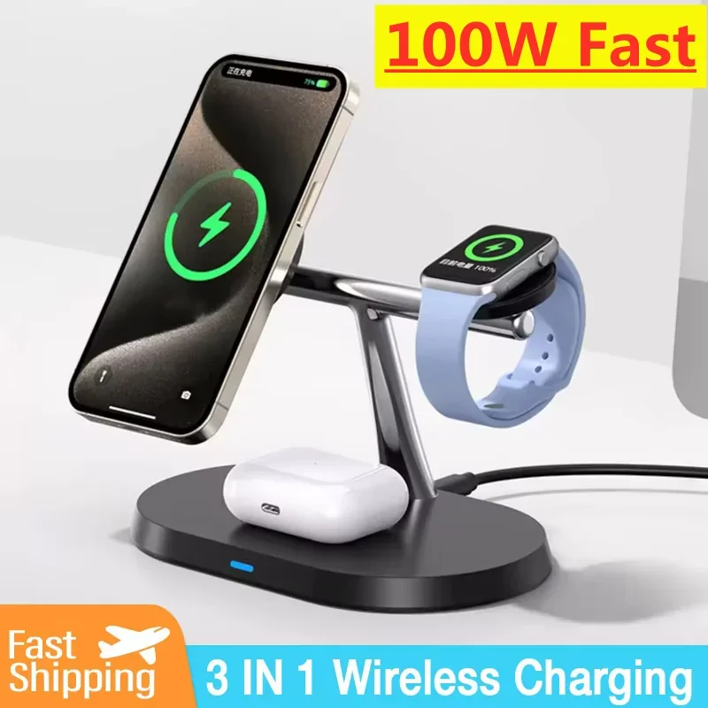 100W Magnetic Wireless Charger Stand For iPhone 16 15 14 13 12 Pro Apple Watch 9 8 Airprods 3 In 1 Macsafe Fast Charging Station