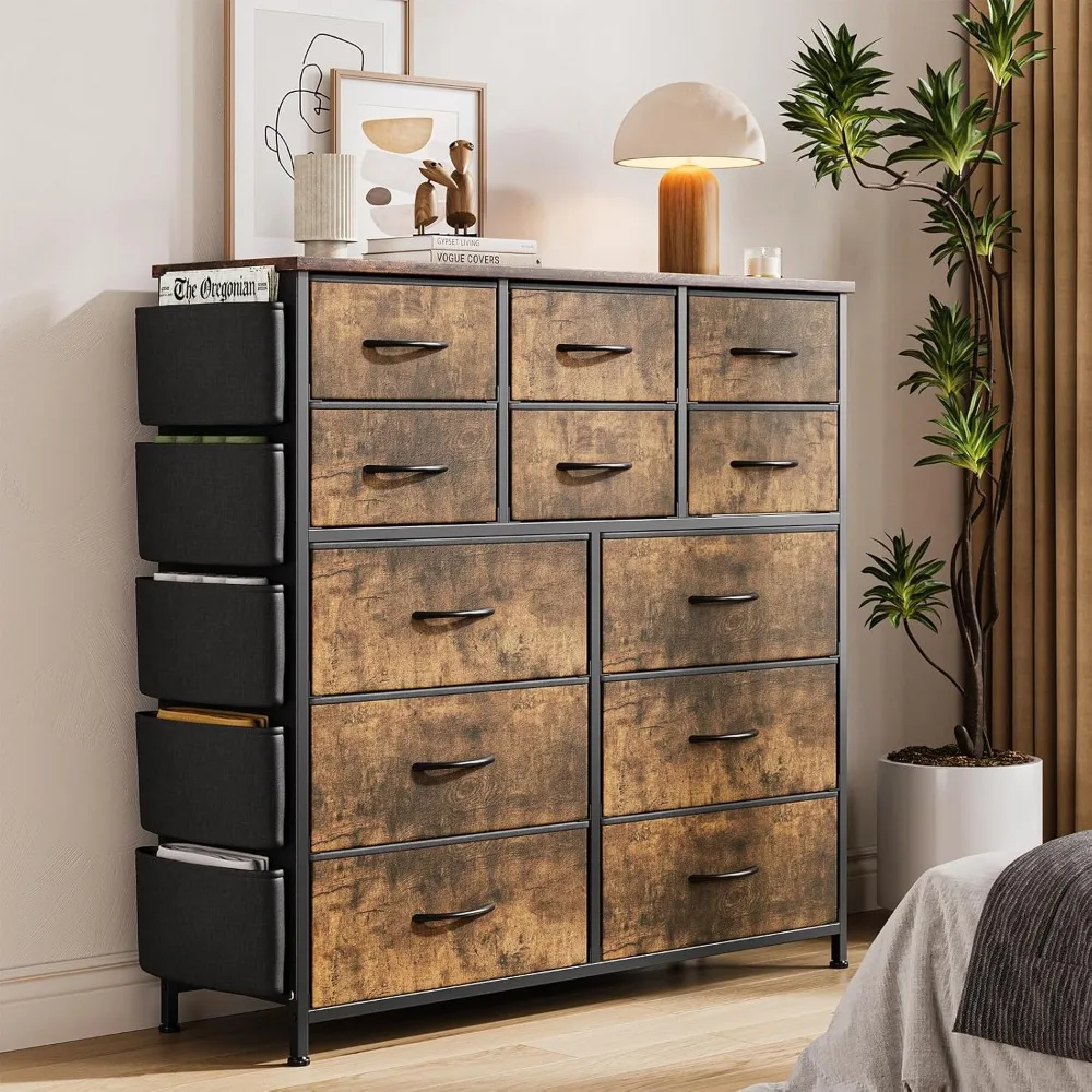 

12 Dresser for Bedroom, Chest of Drawers for Bedroom with Side Pockets and Hooks, Fabric Storage Dresser, Sturdy Steel Frame