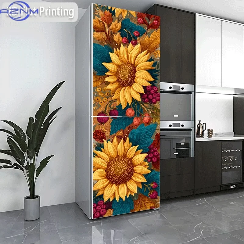 2D Flat Printing 1pc Refrigerator Sticker , Autumn Field Full of Blooming Flowers Themed Design, Self-Adhesive Wall Decal Wall