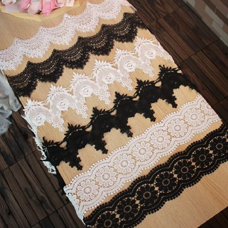 Geborduurde bloem kant stof stoffen, polyester naaien ambacht, wit, zwart netto kant trim kleding, 5 cm breed, 2 yards/lot