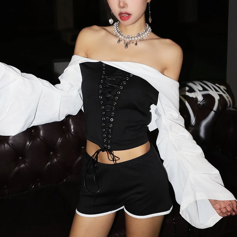 Set da 2 pezzi Camicia a maniche lunghe con spalle scoperte senza schienale Striscia di colore a contrasto Vita in pizzo Pantaloncini coordinati Spend One's Holiday