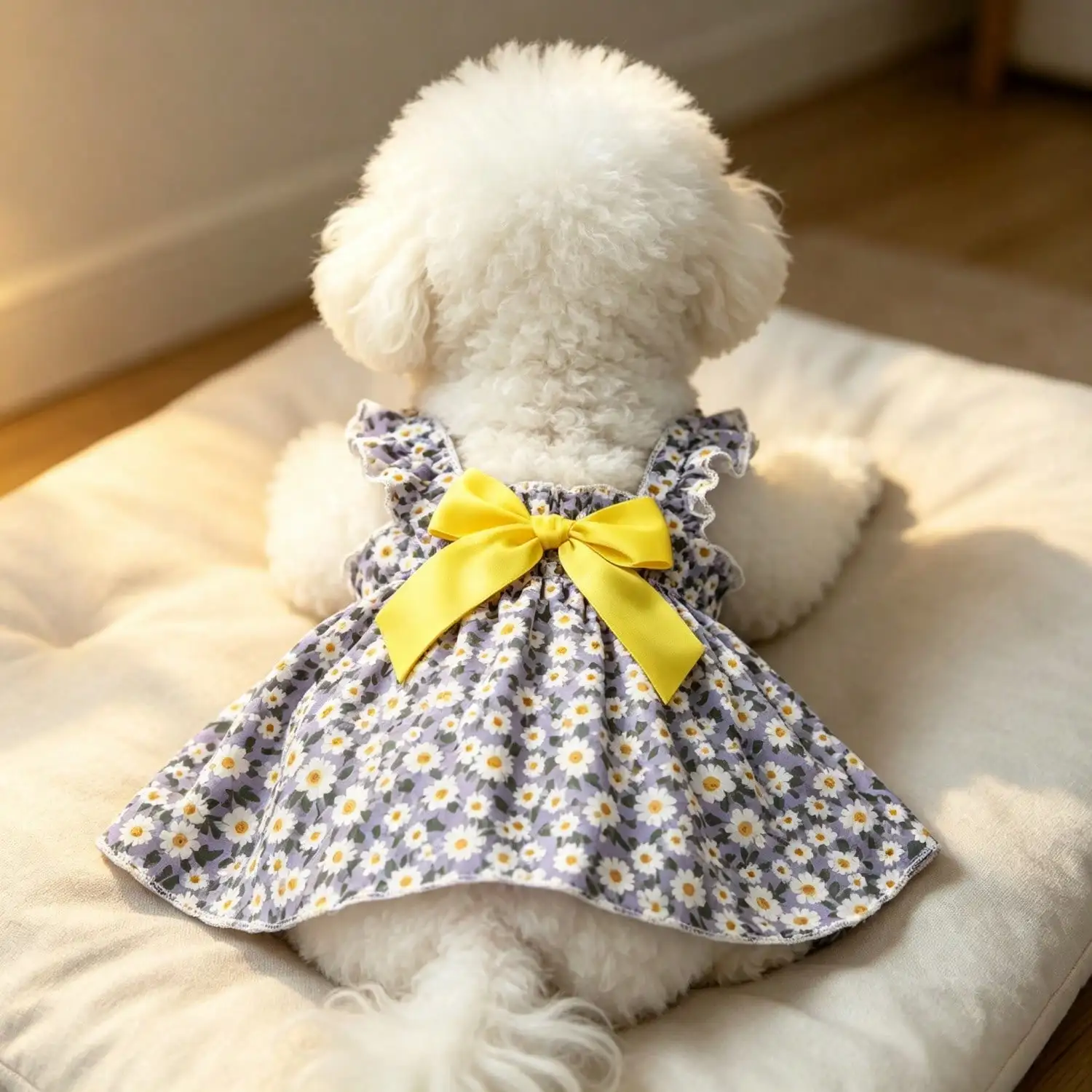 Sommerkleid für Haustiere, ärmellos, mit Blumenmuster, Rüschenriemen, großer Schleife als Dekoration für kleine Hunde, für den täglichen Gebrauch und Partys. – Detail 3