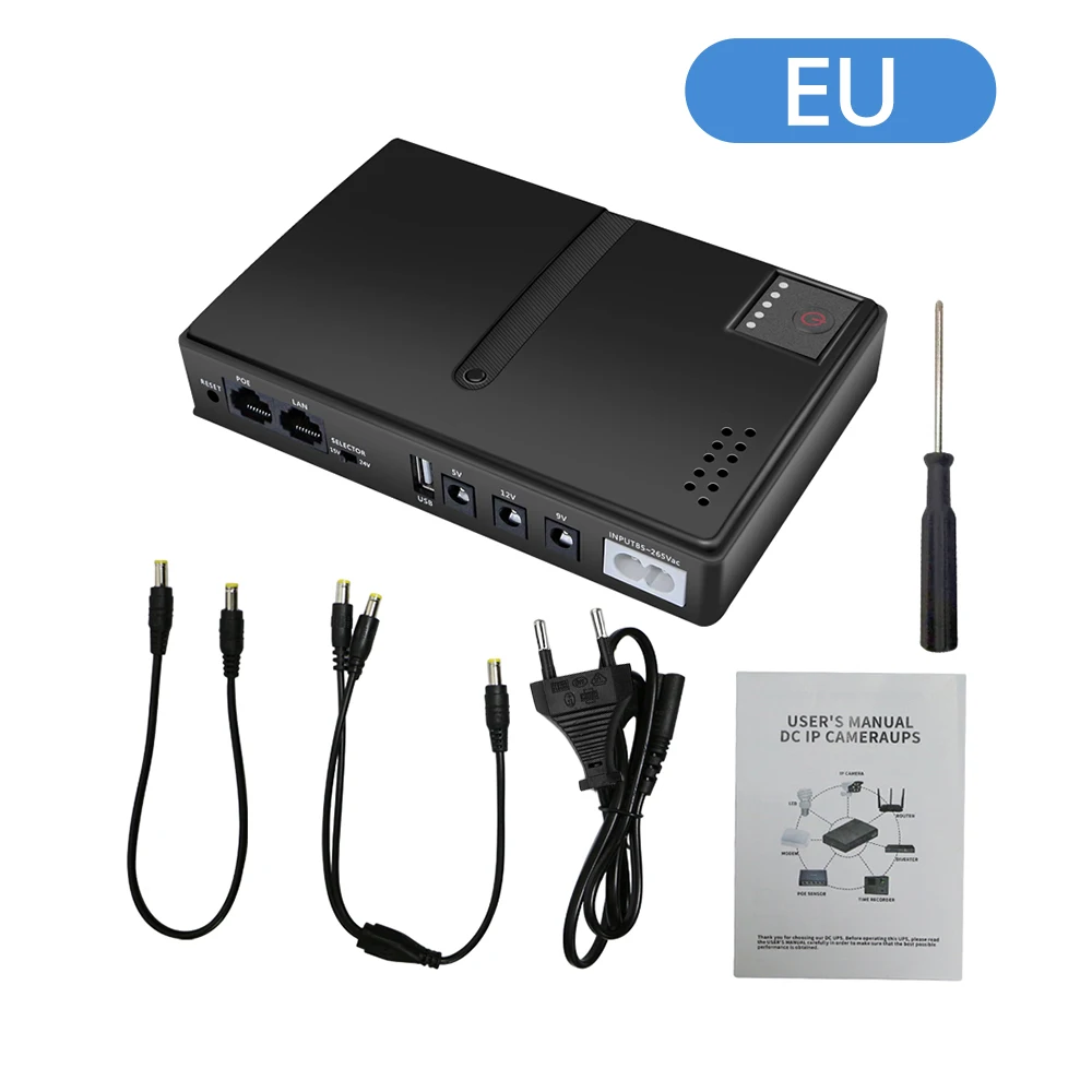 EU Plug 1018L DC UPS Battery Backup 5V 9V 12V 2A 15V 24V Output Uninterruptible Power Supply 85‑265V UPS Battery Backup