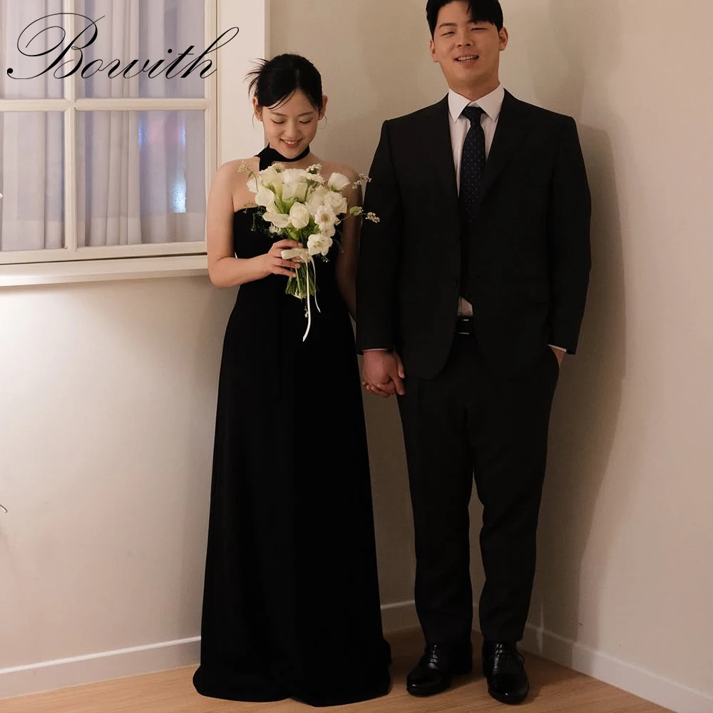 

Bowith Simple Black Korean Evening Dresses Strapless Korean Photoshoot A Line Wedding Party Dresses Floor Length Customized