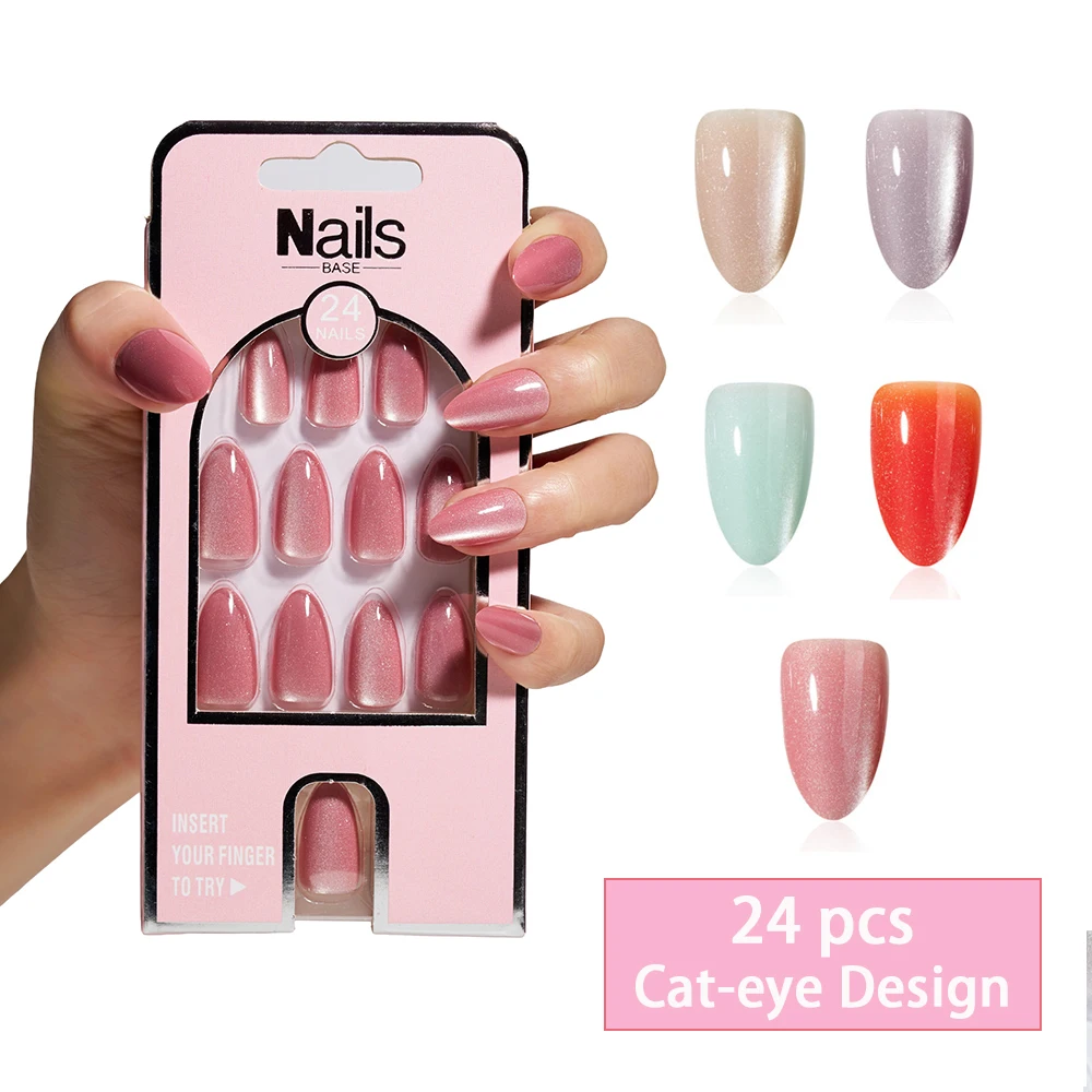 VITAGWX 24pcs Cat-Eye Almond Tips Press on Nails Reusable Acrylic Fake Nails Solid Color Simple Nail Art Short False Nails