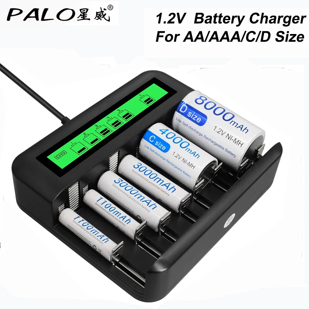 8 Slots LCD Display Fast Smart Battery Charger Type-C Charging for 1.2V Ni-MH Ni-cd AA AAA C Size D Size Rechargeable Battery