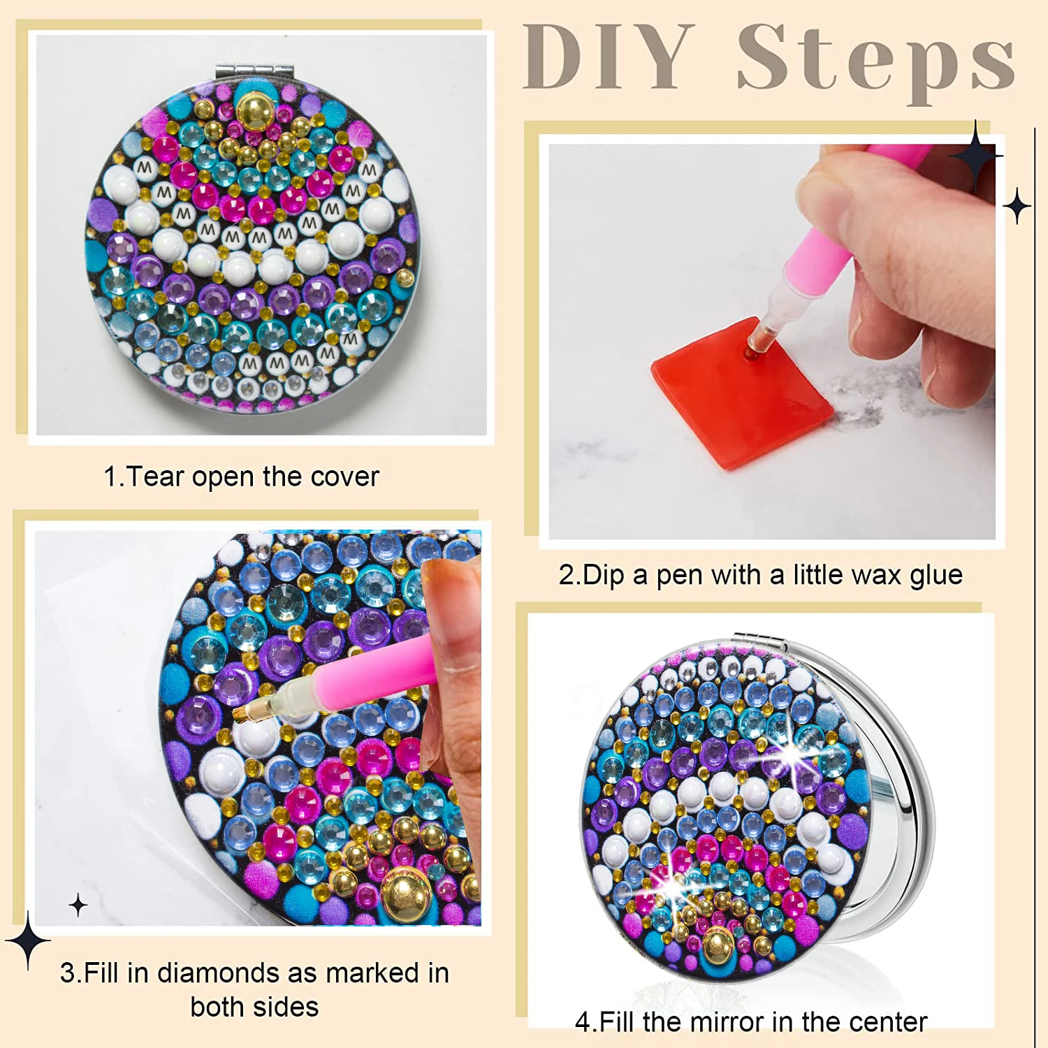 1pc/Set DIY Mandala Diamond Painting Mirror Compact Portable Folding Mirror for Women Mandala Diamond Art Mirror Kits for Adults