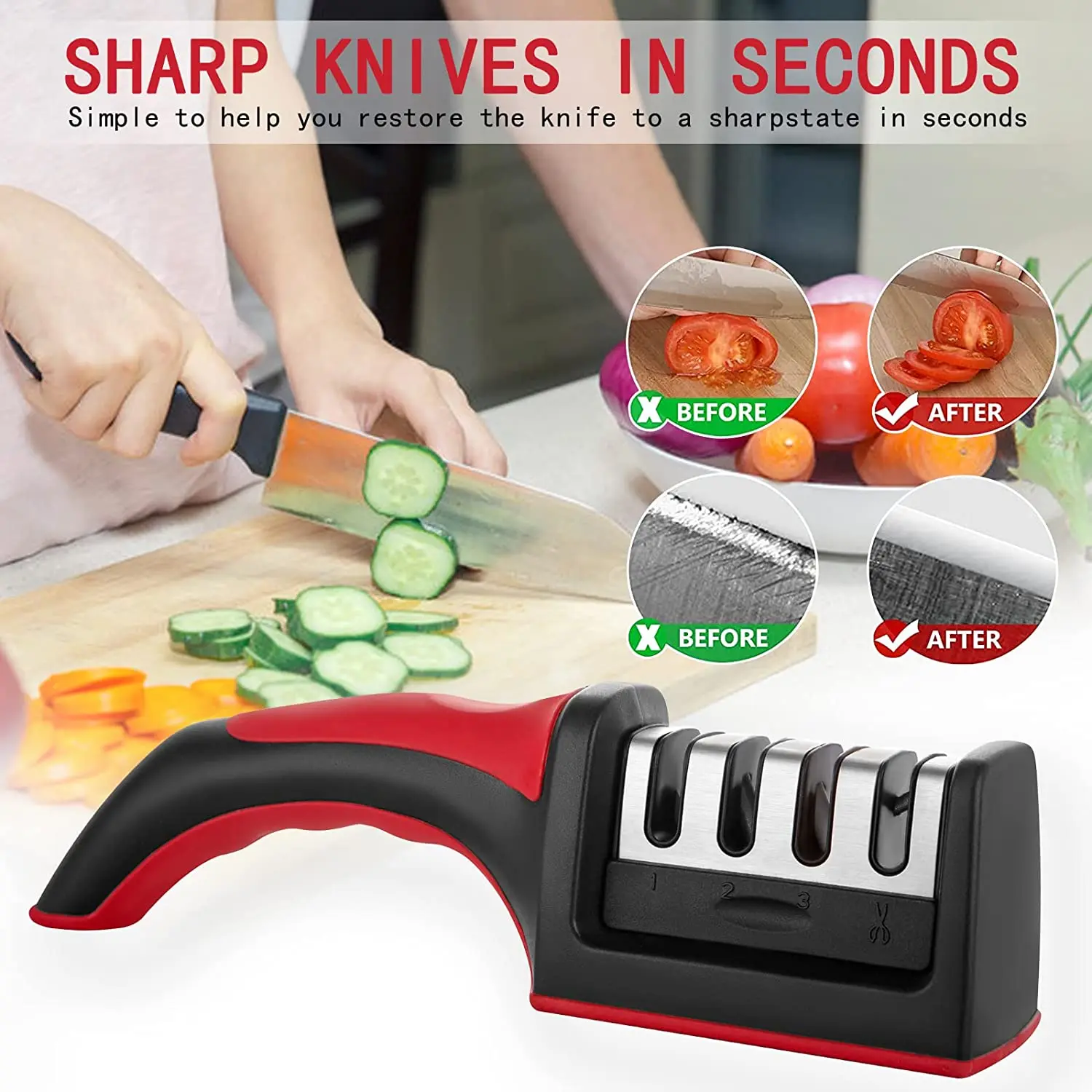 Knife Sharpener Handheld Multi-function 3 Stages Type Quick Sharpening Tool With Non-slip Base Kitchen Knives Accessories Gadget