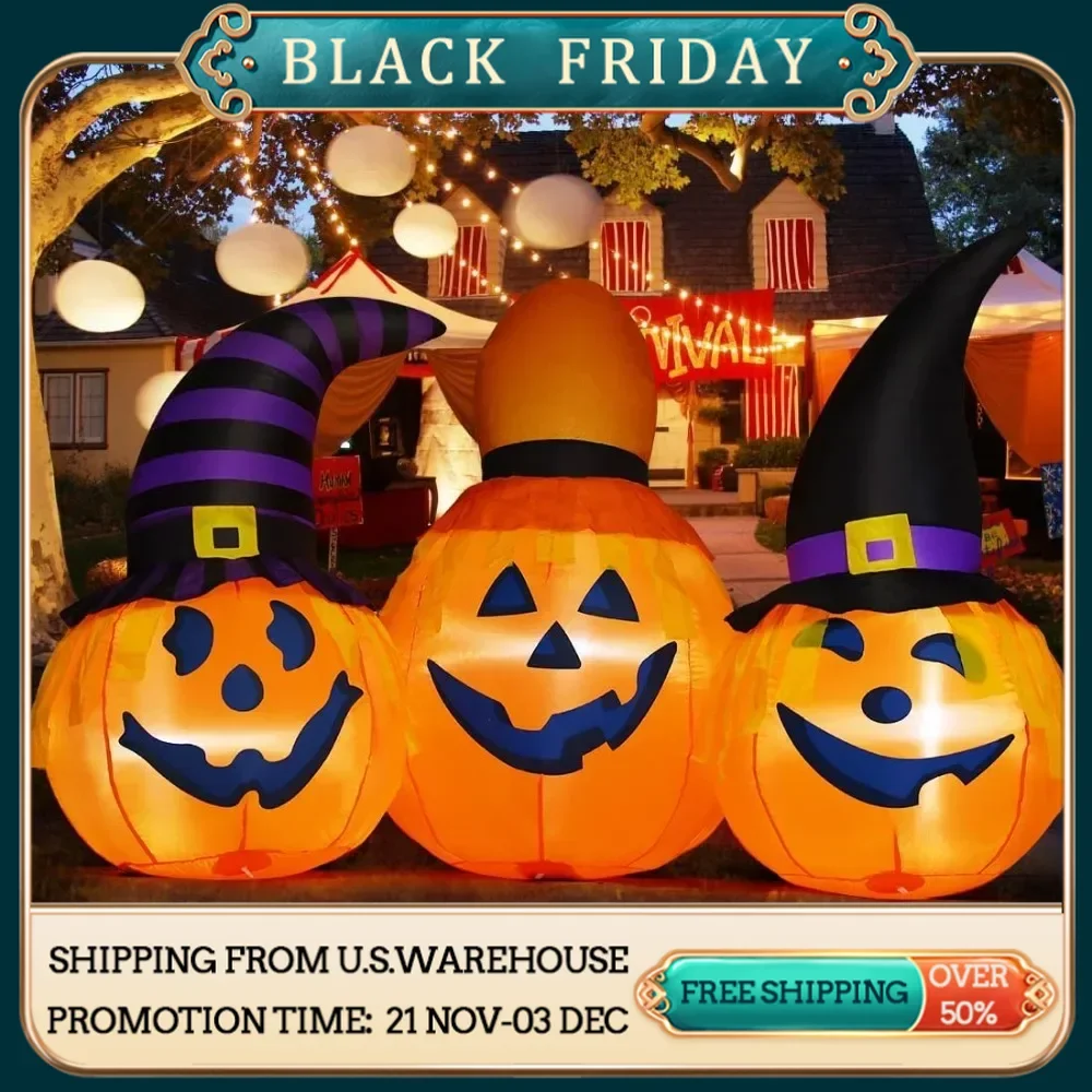 6.5 FT Halloween Inflatables Outdoor Pumpkin Combo with Wizard hat Blow Up Yard Decoration with LED Lights Built-in for Holiday