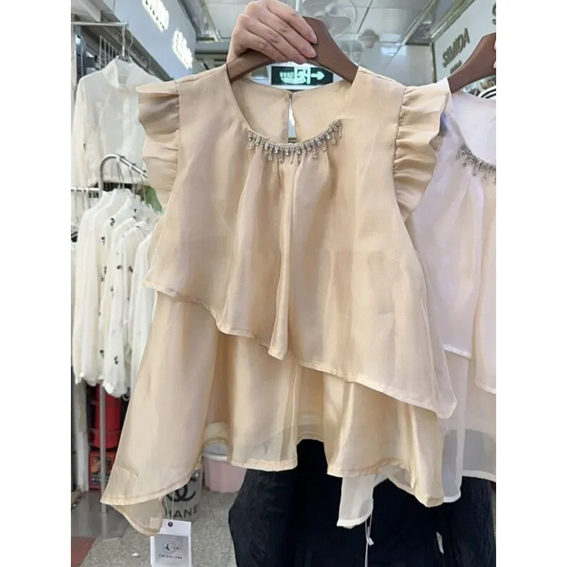 

Summer Ruffles Patchwork Irregular Flying Sleeve Pullovers Diamonds Chiffon Solid Color Sleeveless Pleated All-match A-word Tops