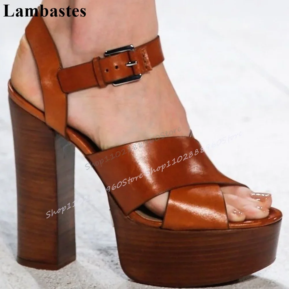 

Western Brown Cross Strip Platform Sandals Chunky High Heel Women Shoes Ankle Buckle Strap Open Toe 2025 Zapatos Para Mujere
