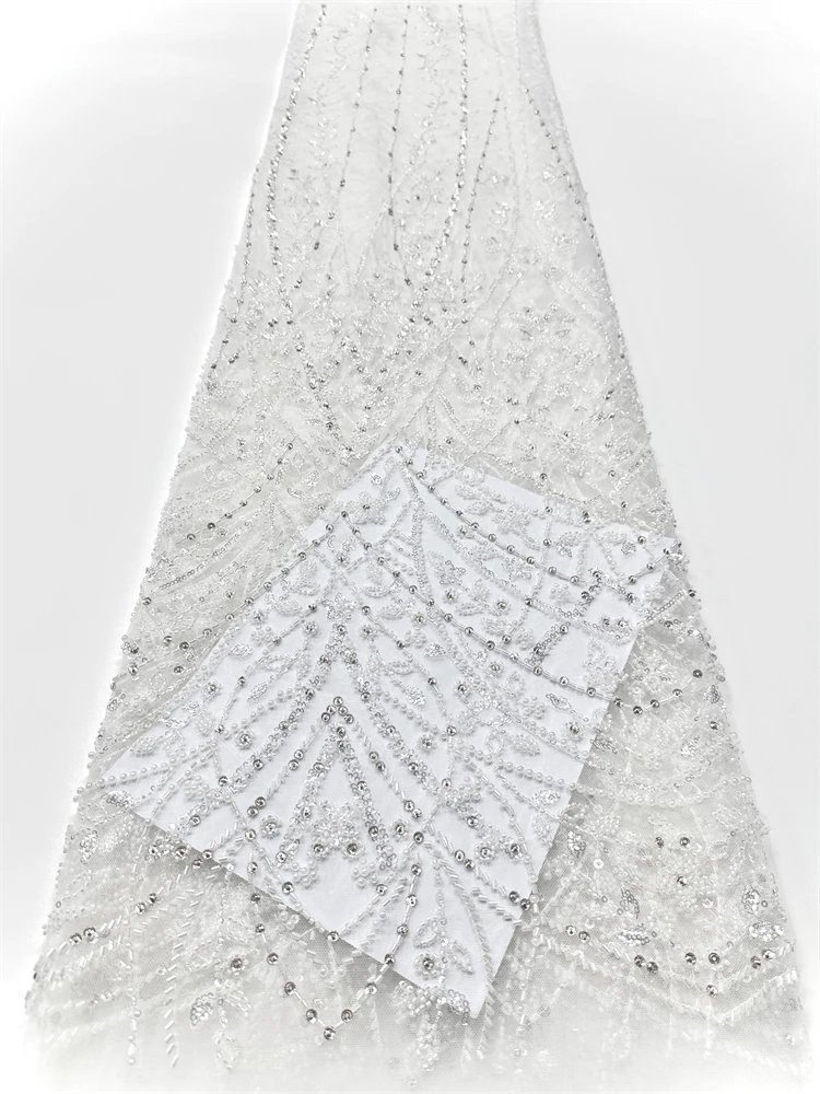 

2025 африканская тяжелая кружевная ткань с бисером, высокое качество, нигерийское кружево с блестками и жемчугом, французский тюль, ткань для шитья свадебного платья