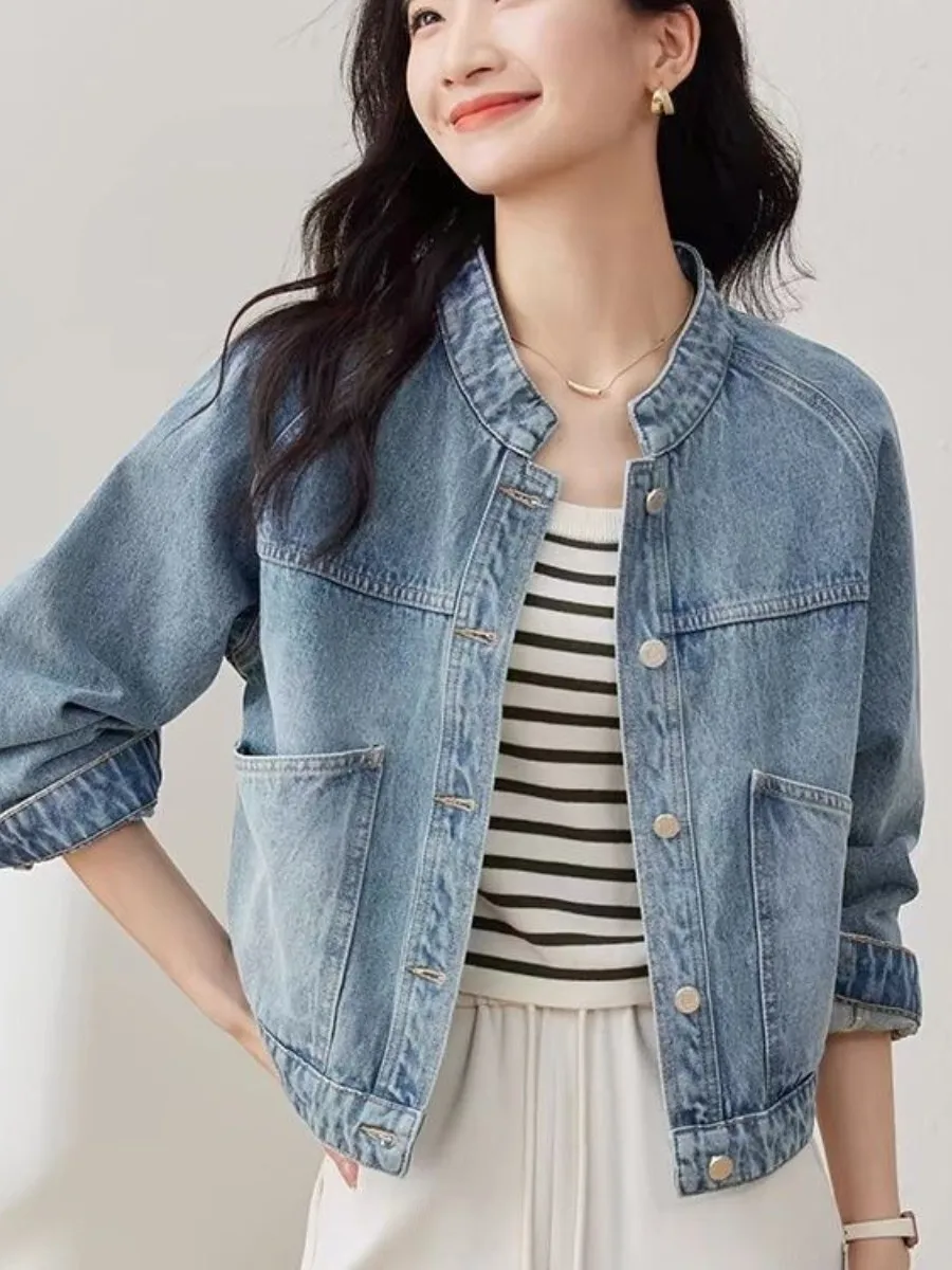 2026-new-vintage-washed-denim-short-jacket-women's-autumn-winter-new-stand-collar-small-size-long-two-piece-set-top