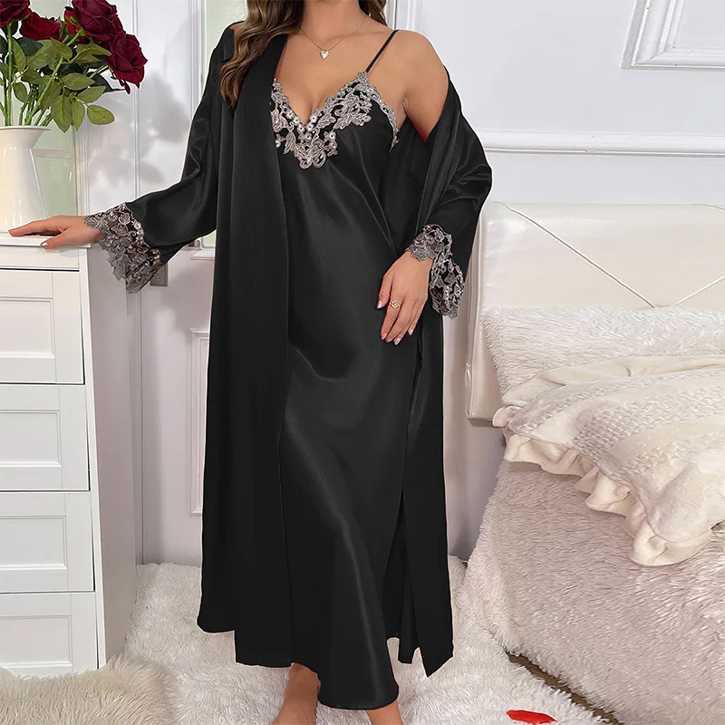 

Twinset Lace Bathrobe Set Women Silky Satin Nightgown Robe Suit Spring Female Kimono Gown Loungewear Sleepwear Nightdress