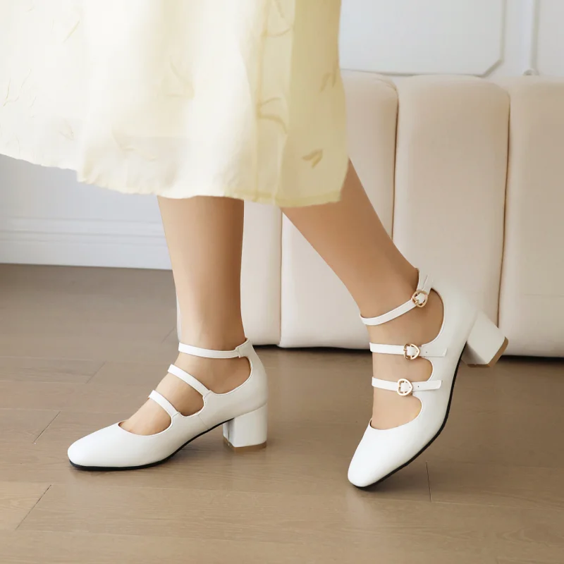 

Plus Size 44 45 Brand New Sweet Pumps Ladies Square Toe 3 Rows Buckles Block High Black Heels Women Mary Jane Shoes White 2023