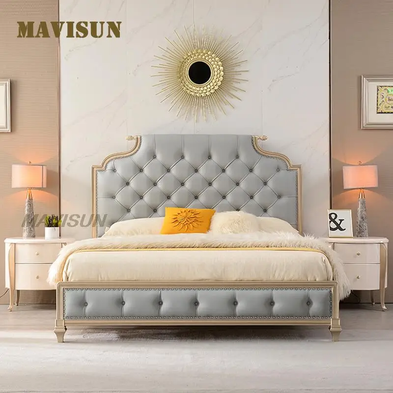 European Style Light Luxury Solid Wood Bed Small Apartment Double Modern Minimalist French Princess Bedroom Leather Bed Dressing