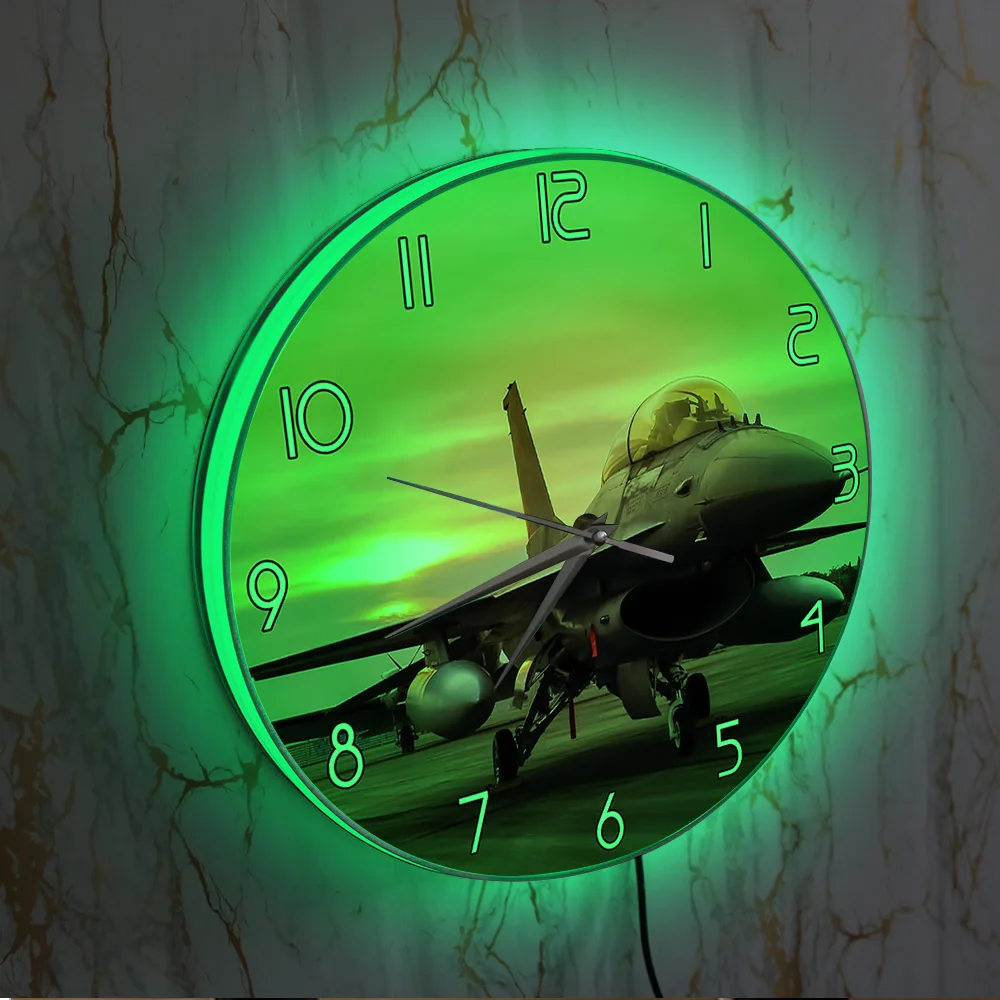 F16 Falcon Fighter Jet Wall Clock with LED Backlight Aircraft Plane Modern Design Pilot Home Decor Wall Watch Night Light Clock