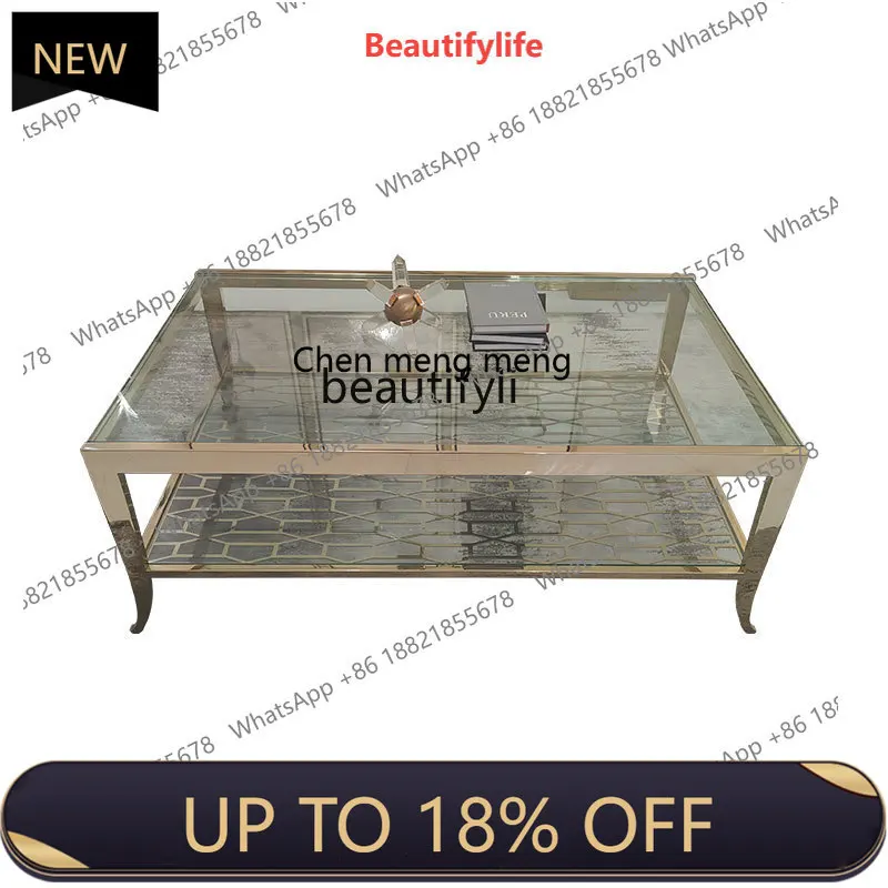 

P178 Luxury Coffee Table Small Apartment Living Room Modern Simple Rectangular Coffee Table Stainless Steel Tempered Glass Surfa