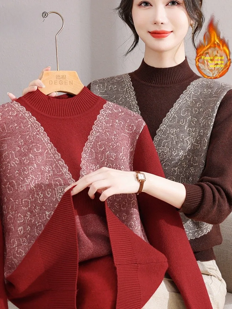 

Осенне-зимний вязаный свитер на подкладке для женщин среднего возраста, вышитая основа с узлом и принтом f, высокий воротник