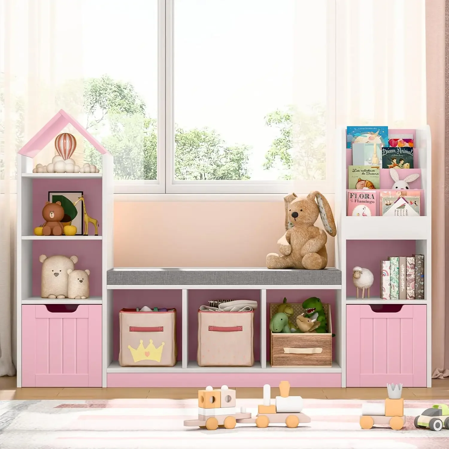 [أفضل بائع، اشترِ الآن! ]خزانة كتب للأطفال مع زاوية للقراءة، ورف كتب للأطفال مع 7 مكعبات تخزين ودرجين متحركين